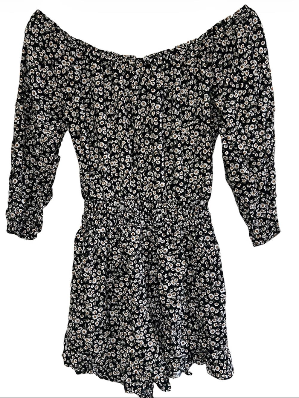 Hollister Romper Black Daisy Floral Smocked Waist Off Shoulder Romper Sz Small